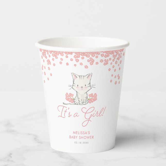Gobelets En Papier Fleurs roses Kitten Baby shower fille (Recto)