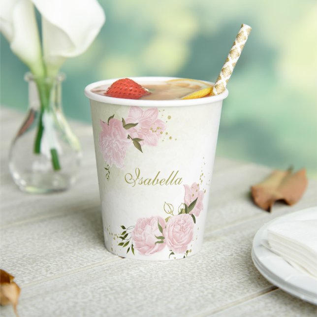 Gobelets En Papier fleurs roses romantiques verdure (Insitu)