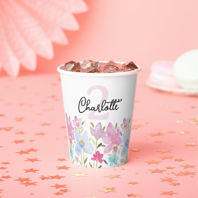 Gobelets En Papier Fleurs sauvages d'aquarelle moderne Monogramme (Insitu)