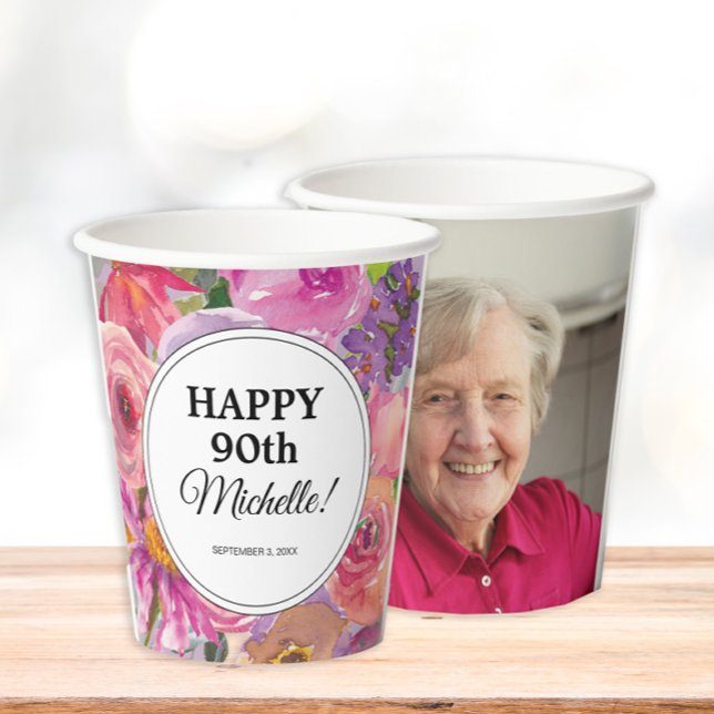 Gobelets En Papier Fleurs sauvages rose pourpre 90e anniversaire Phot ("Happy 90th birthday" party customizable photo paper cups)