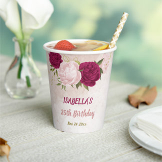 Gobelets En Papier fleurs verdure rose magenta