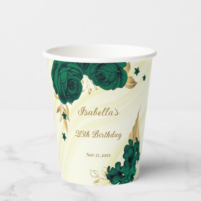 Gobelets En Papier fleurs vert émeraude feuilles dorées marbre (Recto)