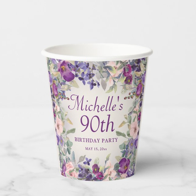 Gobelets En Papier Fleurs violettes rose pâle 90e anniversaire (Recto)