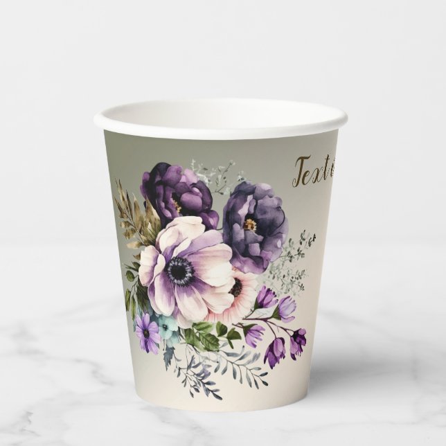 Gobelets En Papier Fleurs Violettes Roses Fleuries Élégantes Dorées (Recto)