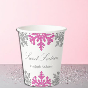 Gobelets En Papier Flocon de neige rose argent Sweet hiver 16