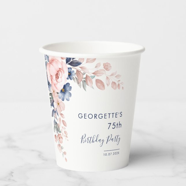 Gobelets En Papier Floral 75e Soirée d'Anniversaire (Recto)