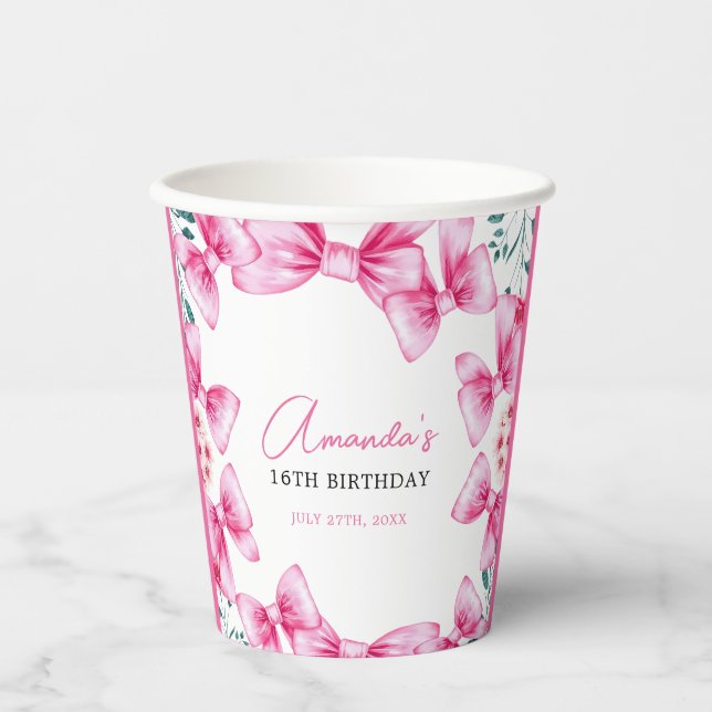 Gobelets En Papier Floral Bow Coquette Sweet 16 Anniversaire (Recto)