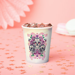 Gobelets En Papier Floral crâne, rose pastel, Halloween