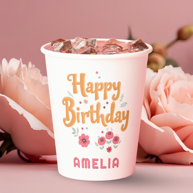 Gobelets En Papier Floral Flowers Happy Birthday Handlettering (Créateur téléchargé)
