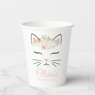 Gobelets En Papier Floral Kitten Anniversaire fêté visage chaton