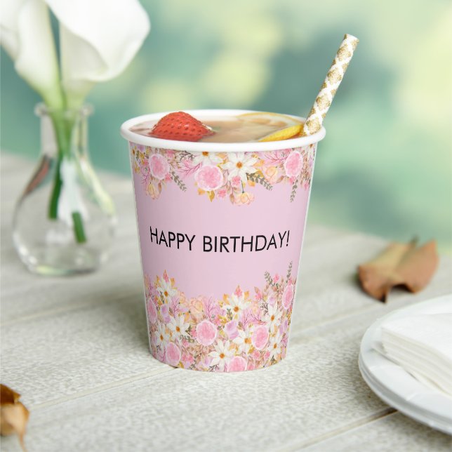 Gobelets En Papier Floral rose Joyeux anniversaire (Insitu)