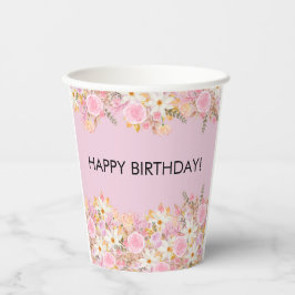 Gobelets En Papier Floral rose Joyeux anniversaire