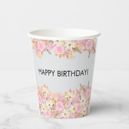 Gobelets En Papier Floral rose Joyeux anniversaire