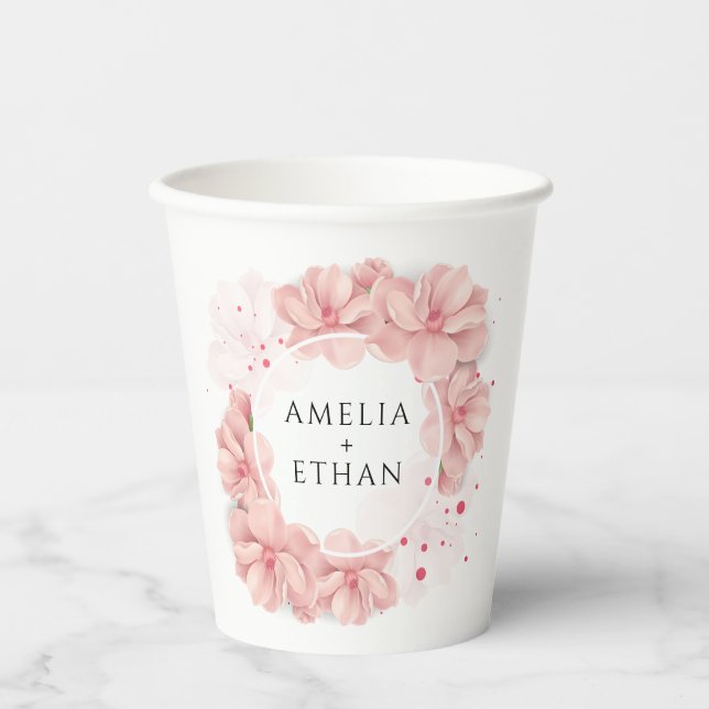 Gobelets En Papier Floral rose pâle Mariage personnalisé (Recto)