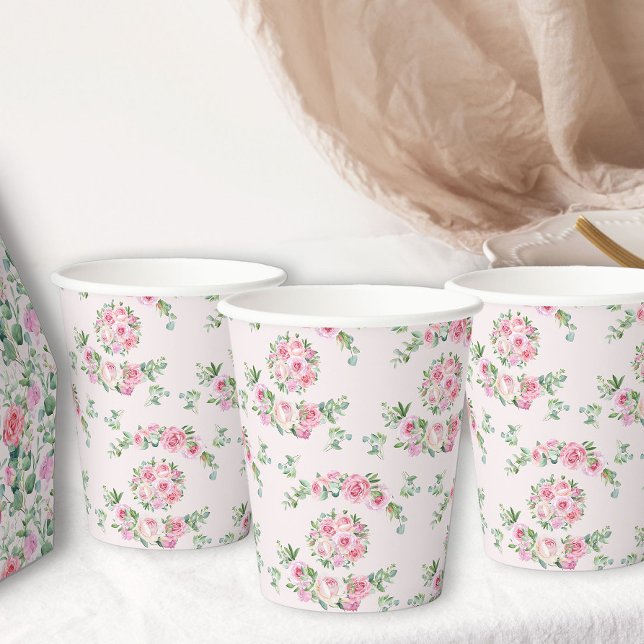 Gobelets En Papier Floral Rose Roses Élégante Tea Party (Pink rose floral patterned paper cups from my Vintage Tea Party Baby Shower Collection)
