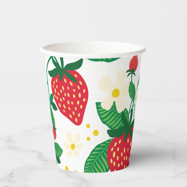 Gobelets En Papier Fraise illustrée avec Feuilles et fleurs (Recto)