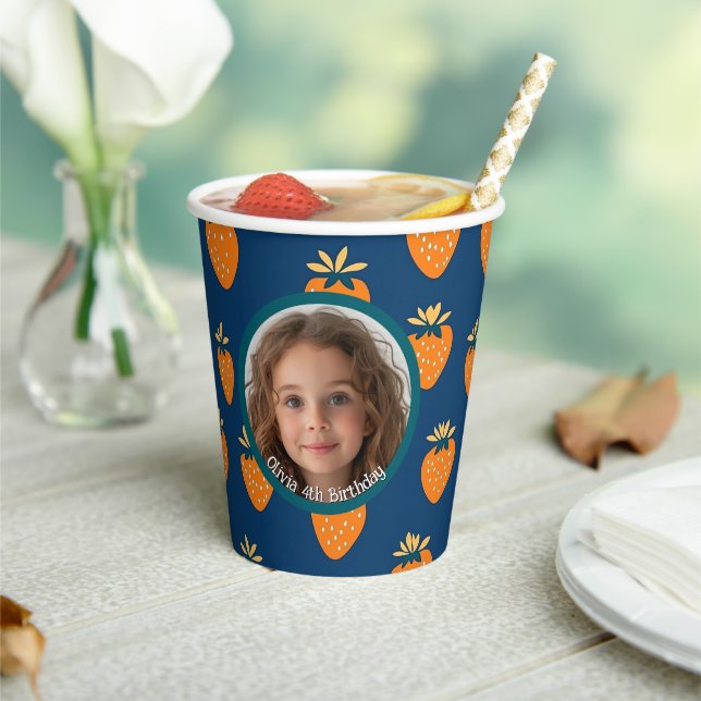 Gobelets En Papier Fraise jaune Bleu Personnalisé Photo et nom (Insitu)