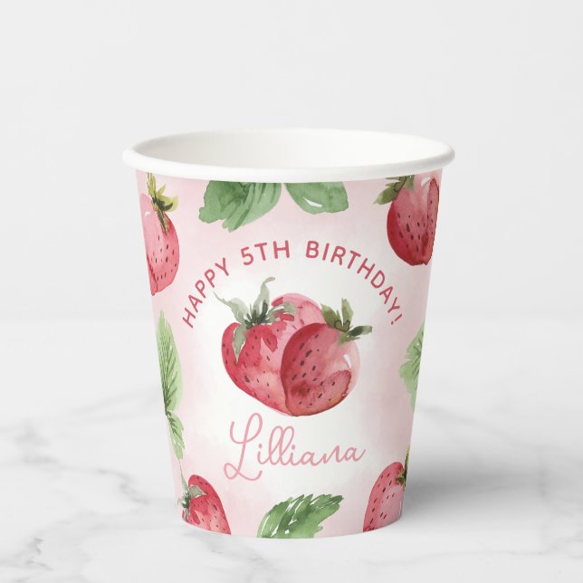 Gobelets En Papier Fraise rose mignonne fête d'anniversaire (Recto)