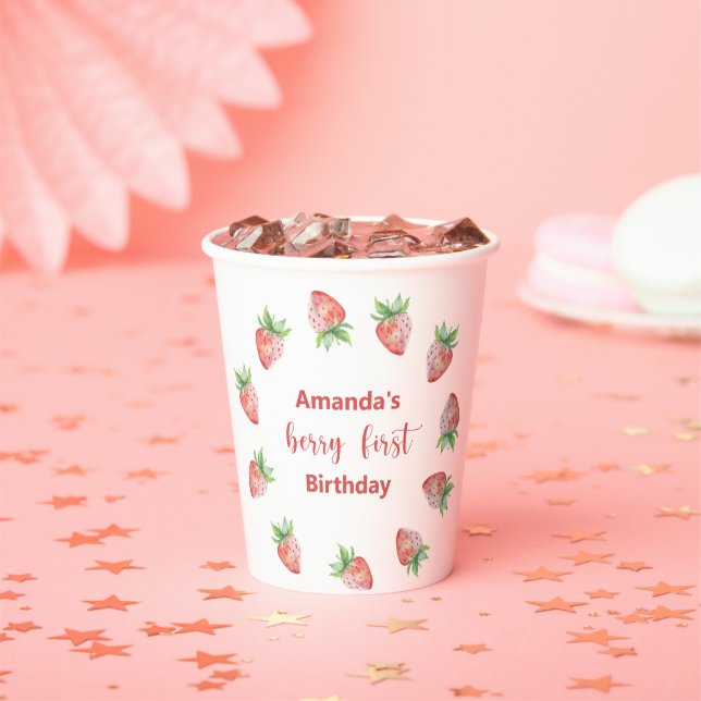 Gobelets En Papier Fraises d'aquarelle 1er anniversaire (Insitu)