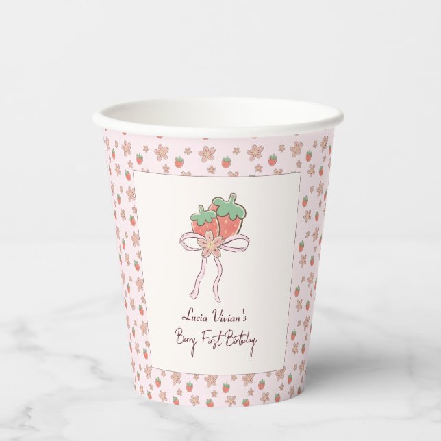 Gobelets En Papier Fraises d'été Ribbon rose (Recto)