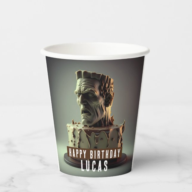 Gobelets En Papier Frankenstein Head Anniversaire Gâteau au chocolat  (Recto)
