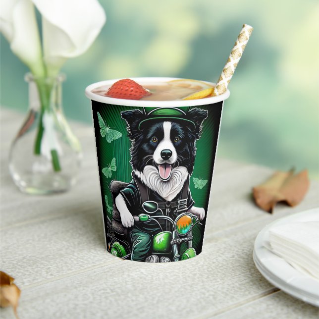 Gobelets En Papier Frontière Collie Chien Conduite Vélo St. Patrick's (Insitu)