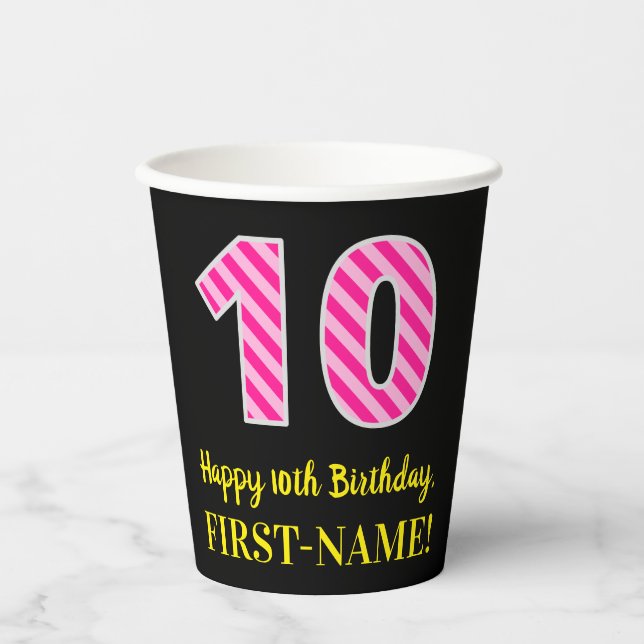 Gobelets En Papier Fun Pink Stripes "10" : Joyeux 10e anniversaire +  (Recto)