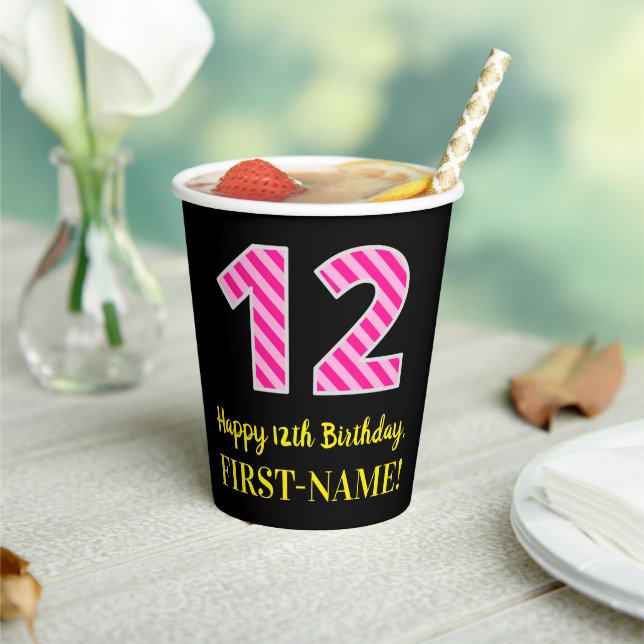 Gobelets En Papier Fun Pink Stripes "12" : Joyeux 12ème anniversaire  (Insitu)