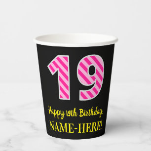Gobelets En Papier Fun Pink Stripes "19" : Joyeux 19ème anniversaire