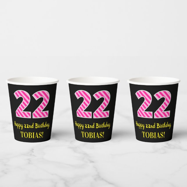 Gobelets En Papier Fun Pink Stripes "22" : Joyeux 22ème anniversaire  (Multi)