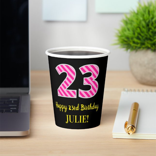 Gobelets En Papier Fun Pink Stripes "23" : Joyeux 23ème anniversaire  (Insitu)
