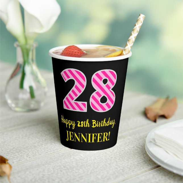 Gobelets En Papier Fun Pink Stripes "28" : Joyeux 28ème anniversaire  (Insitu)