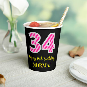 Gobelets En Papier Fun Pink Stripes "34" : Joyeux 34ème anniversaire