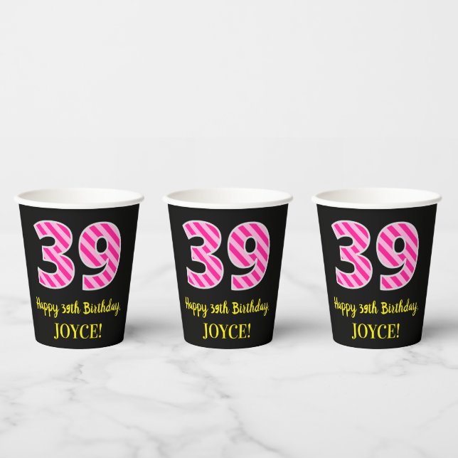 Gobelets En Papier Fun Pink Stripes "39" : Joyeux 39ème anniversaire  (Multi)
