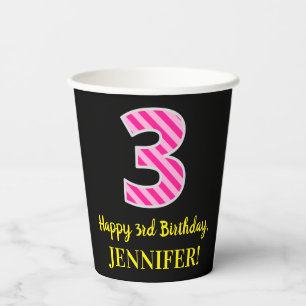 Gobelets En Papier Fun Pink Stripes "3" : Joyeux 3ème anniversaire +