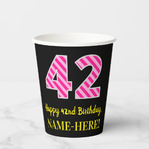Gobelets En Papier Fun Pink Stripes "42" : Joyeux 42ème anniversaire