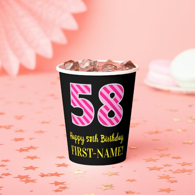 Gobelets En Papier Fun Pink Stripes "58" : Joyeux 58ème anniversaire  (Insitu)