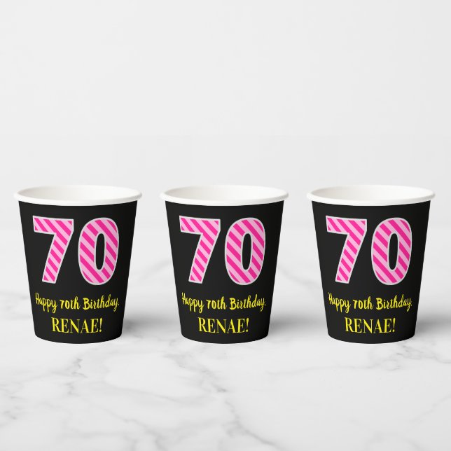 Gobelets En Papier Fun Pink Stripes "70" : Joyeux 70ème anniversaire  (Multi)
