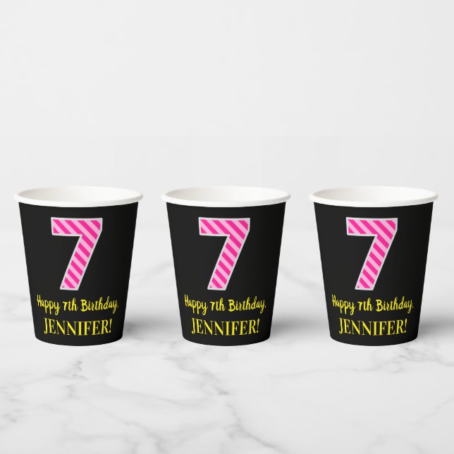 Gobelets En Papier Fun Pink Stripes "7" : Joyeux 7ème anniversaire +  (Multi)