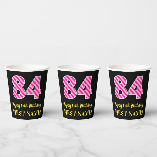 Gobelets En Papier Fun Pink Stripes "84" : Joyeux 84ème anniversaire  (Multi)