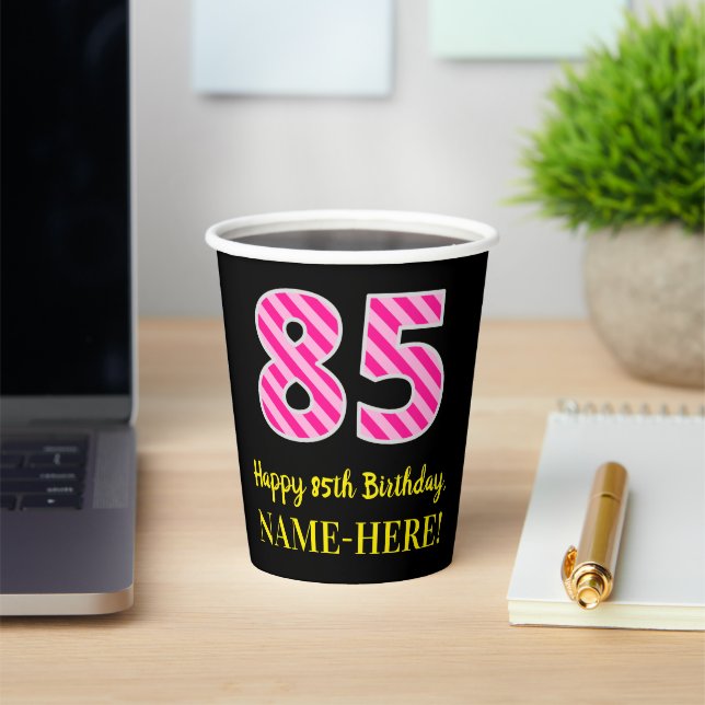 Gobelets En Papier Fun Pink Stripes "85" : Joyeux 85ème anniversaire  (Insitu)