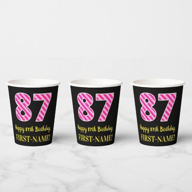Gobelets En Papier Fun Pink Stripes "87" : Joyeux 87ème anniversaire  (Multi)