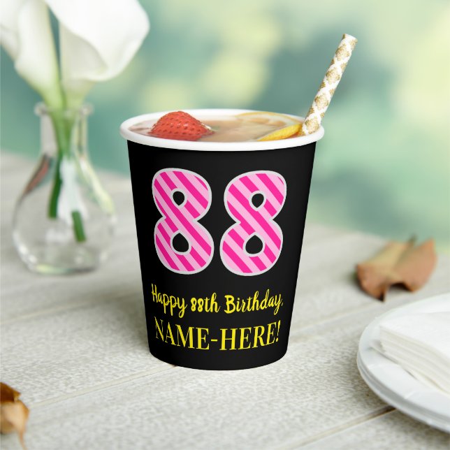Gobelets En Papier Fun Pink Stripes "88" : Joyeux 88ème anniversaire  (Insitu)