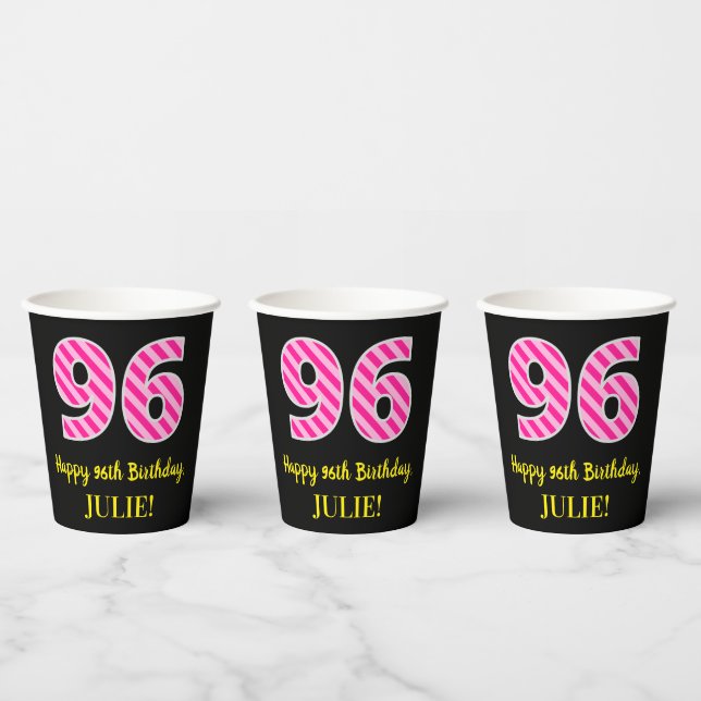 Gobelets En Papier Fun Pink Stripes "96" : Joyeux 96ème anniversaire  (Multi)