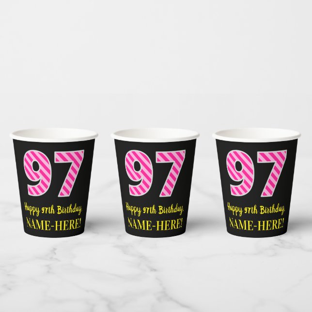 Gobelets En Papier Fun Pink Stripes "97" : Joyeux 97ème anniversaire  (Multi)