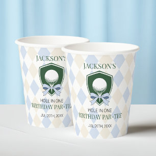 Gobelets En Papier Garçons Bleu Golf Trou en Un Mignon 1er Anniversai