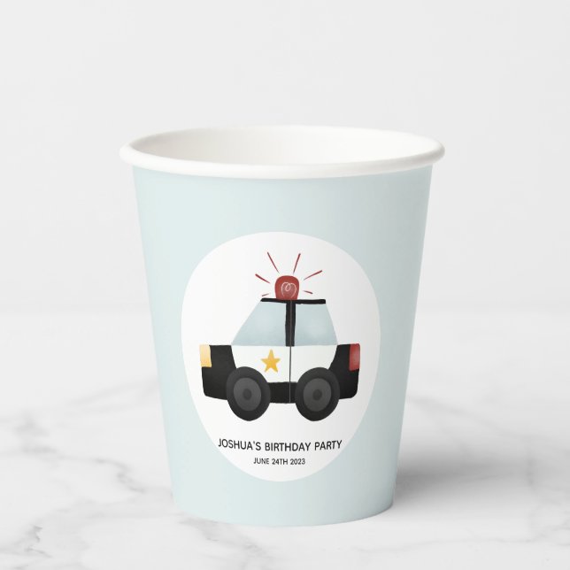 Gobelets En Papier Garçons Cute Blue Police Voiture Anniversaire (Recto)