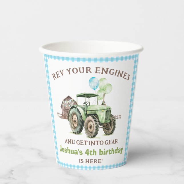 Gobelets En Papier Garçons Green Blue Balloons Tracteur Anniversaire (Recto)