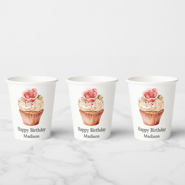 Gobelets En Papier Gâteau Rose Pâle Élégant Anniversaire Cupcake (Multi)