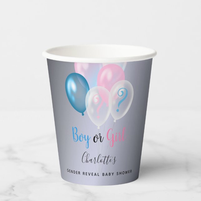 Gobelets En Papier Genre révéler baby shower bleu rose argent (Recto)